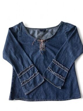 Dark Blue Denim Lace-Up Peasant Top